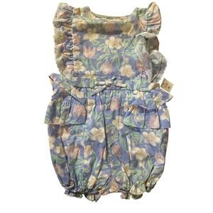 Vintage Babyfair Baby Girl Floral Bubble Romper Blue Pink Sleeveless Size 4T NEW